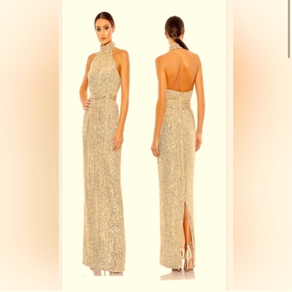 Mac Duggal Gold Sequin Strapless Halter Gown